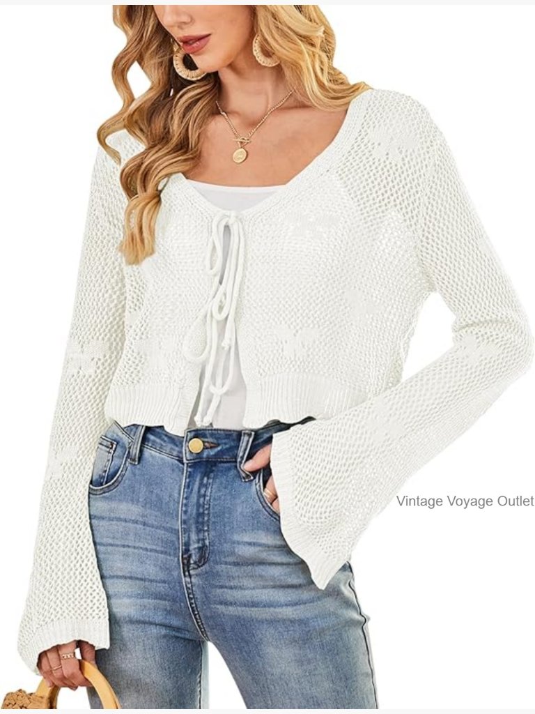 Crop Tie Front Crochet Cardigan Bell Sleeve Knit Shrug Beach Cover Up